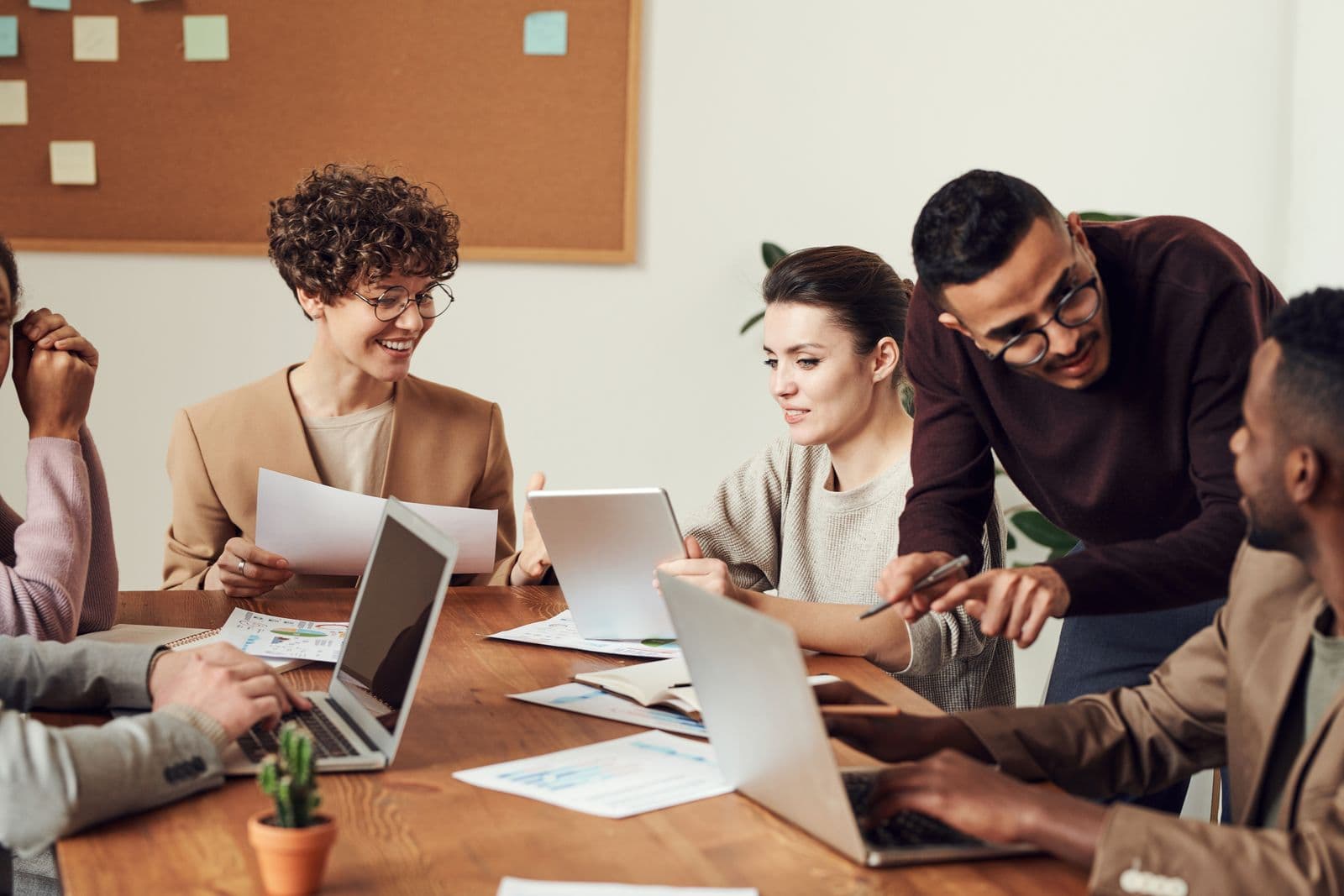 Professionals collaborating in a modern workplace
